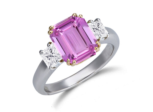 624 custom made unique emerald cut pink sapphire center stone and square diamond accent three stone engagement ring