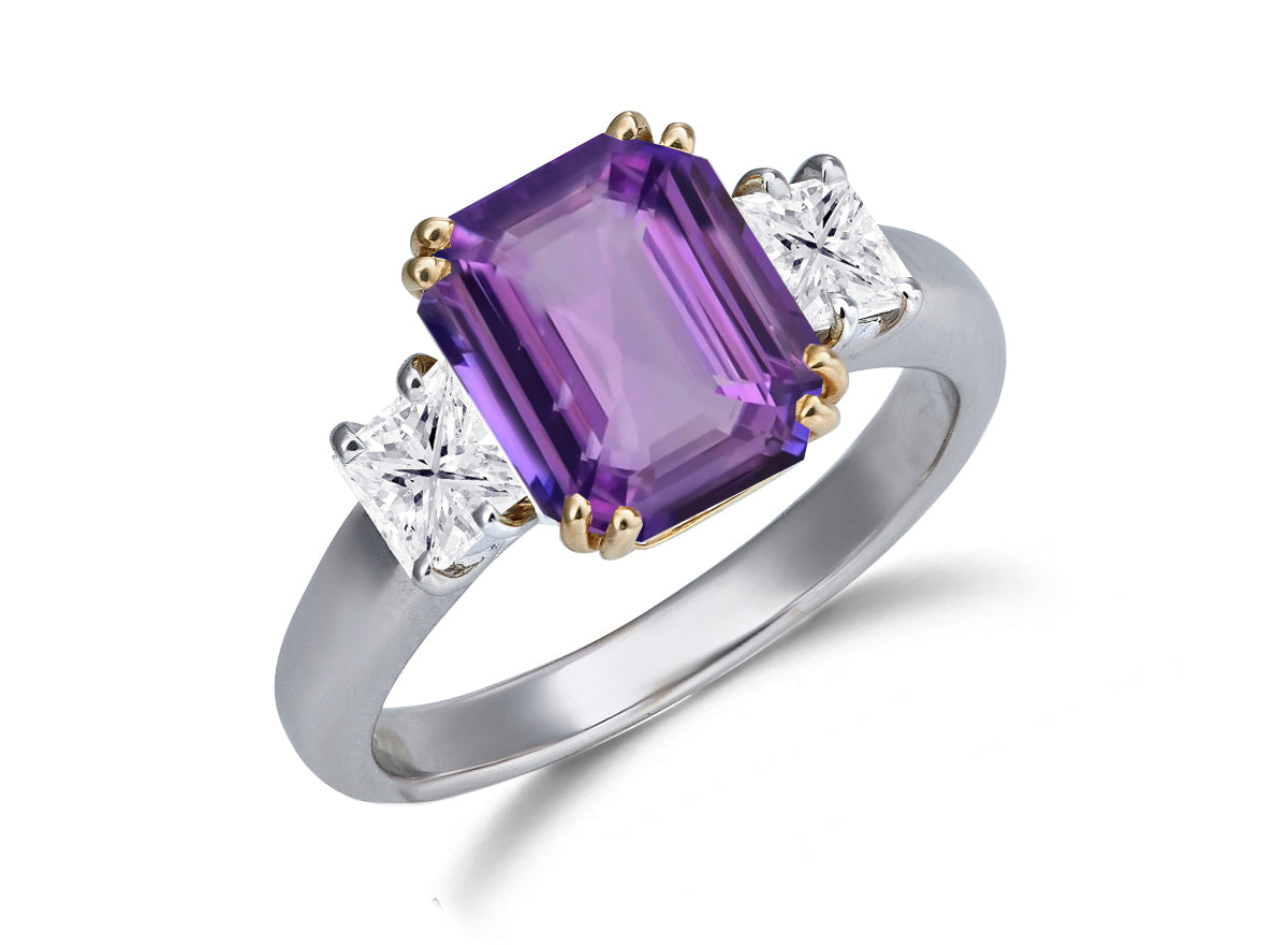 624 custom made unique emerald cut purple sapphire center stone and square diamond accent three stone engagement ring