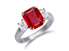 624 custom made unique emerald cut ruby center stone and square diamond accent three stone engagement ring