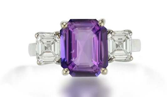 625 custom made unique emerald cut purple sapphire center stone and asscher cut diamond accent three stone engagement ring