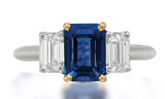 626 custom made unique emerald cut blue sapphire center stone and emerald cut diamond accent three stone engagement ring