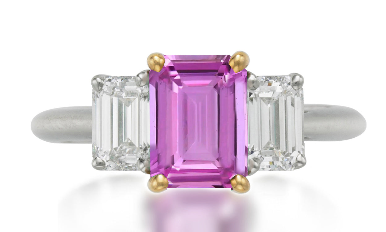 626 custom made unique emerald cut pink sapphire center stone and emerald cut diamond accent three stone engagement ring