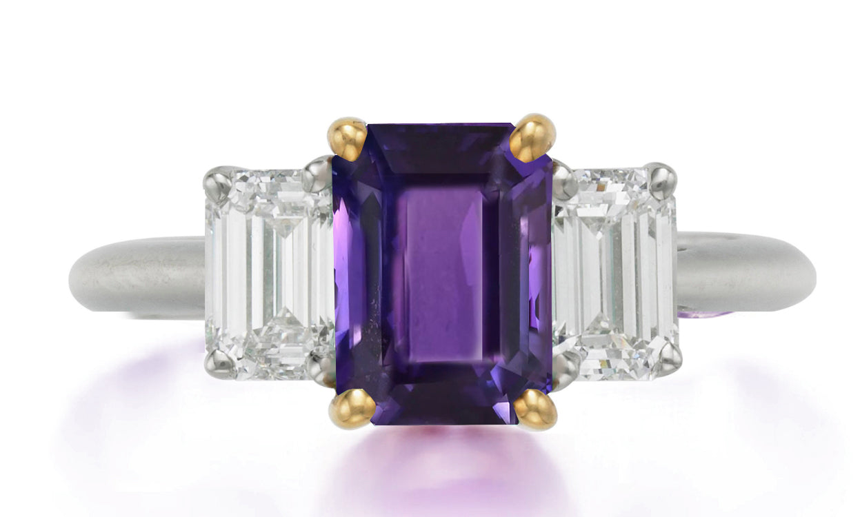 626 custom made unique emerald cut purple sapphire center stone and emerald cut diamond accent three stone engagement ring