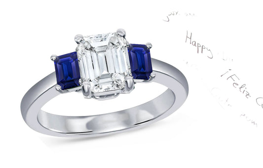 63 custom made unique emerald cut diamond center stone and emerald cut blue sapphire accent three stone engagement ring