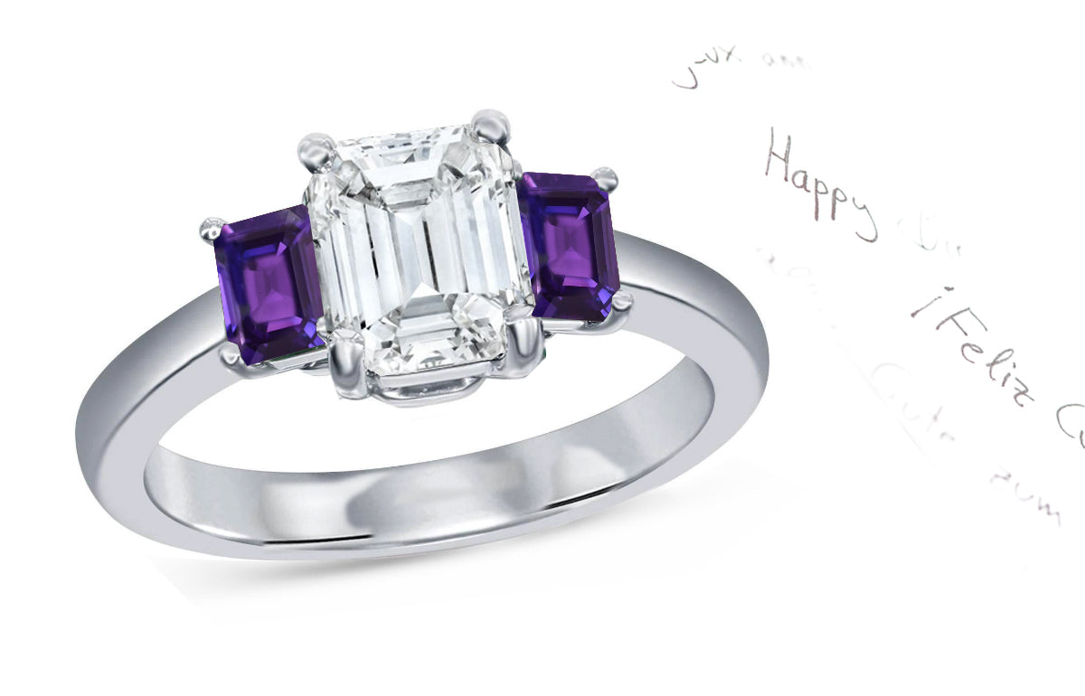 63 custom made unique emerald cut diamond center stone and emerald cut purple sapphire accent three stone engagement ring