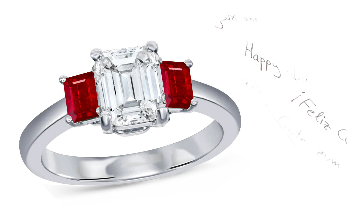 63 custom made unique emerald cut diamond center stone and emerald cut ruby accent three stone engagement ring