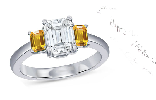 63 custom made unique emerald cut diamond center stone and emerald cut yellow sapphire accent three stone engagement ring