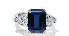 630 custom made unique emerald cut blue sapphire center stone and pears diamond accent three stone engagement ring