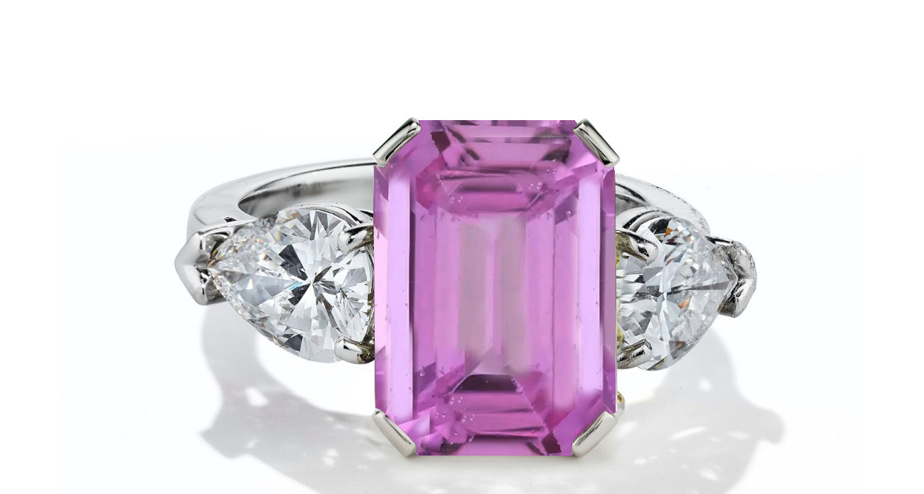 630 custom made unique emerald cut pink sapphire center stone and pears diamond accent three stone engagement ring