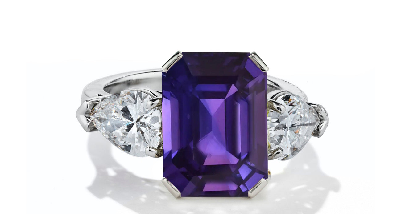 630 custom made unique emerald cut purple sapphire center stone and pears diamond accent three stone engagement ring