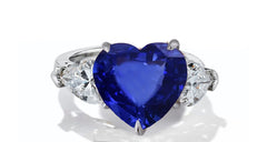 631 custom made unique heart blue sapphire center stone and heart diamond accent three stone engagement ring