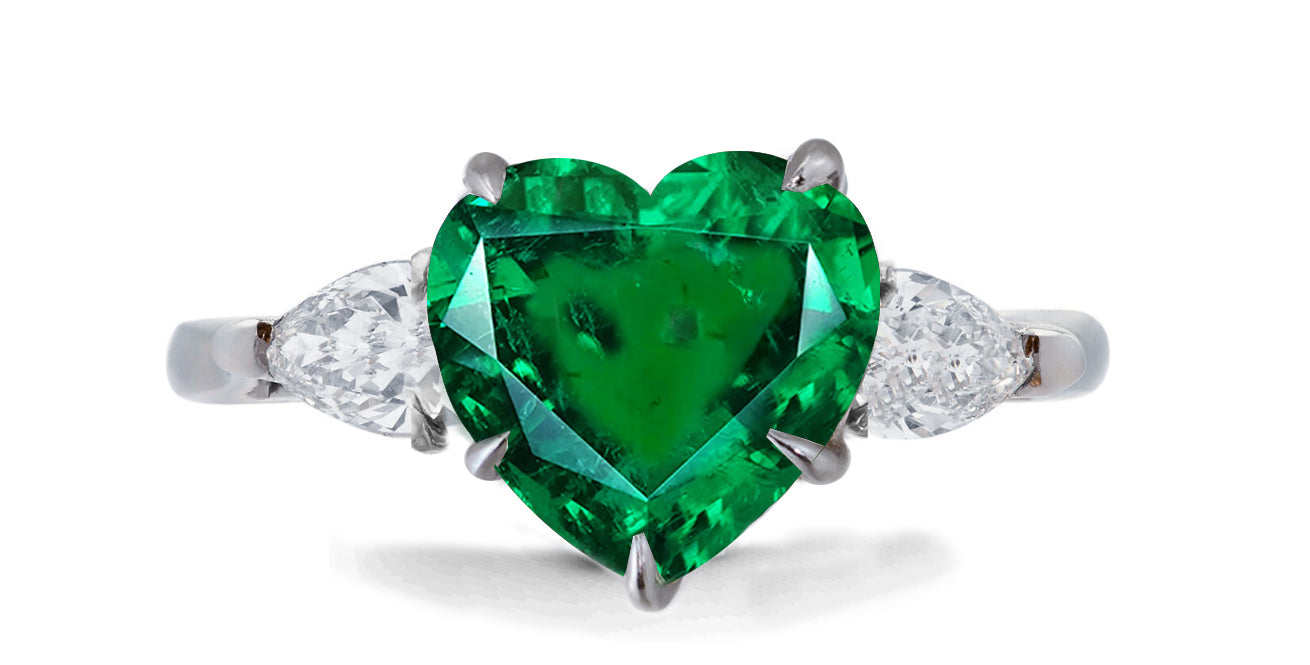 636 custom made unique heart emerald center stone and pears diamond accent three stone engagement ring