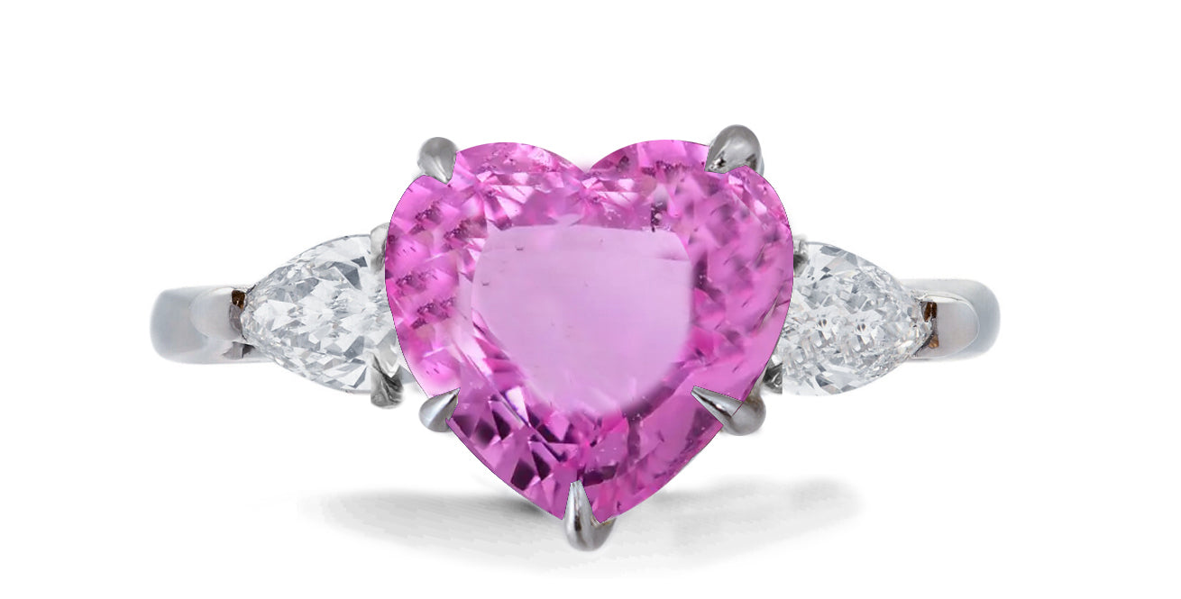 636 custom made unique heart pink sapphire center stone and pears diamond accent three stone engagement ring