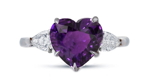 636 custom made unique heart purple sapphire center stone and pears diamond accent three stone engagement ring