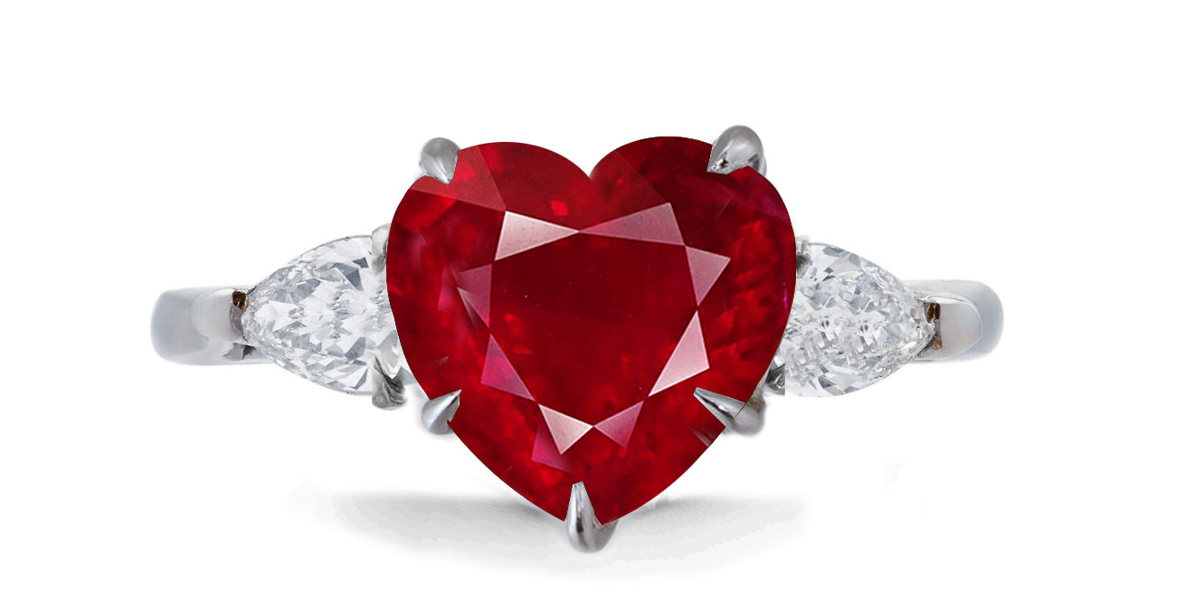 636 custom made unique heart ruby center stone and pears diamond accent three stone engagement ring