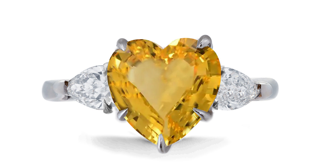 636 custom made unique heart yellow sapphire center stone and pears diamond accent three stone engagement ring