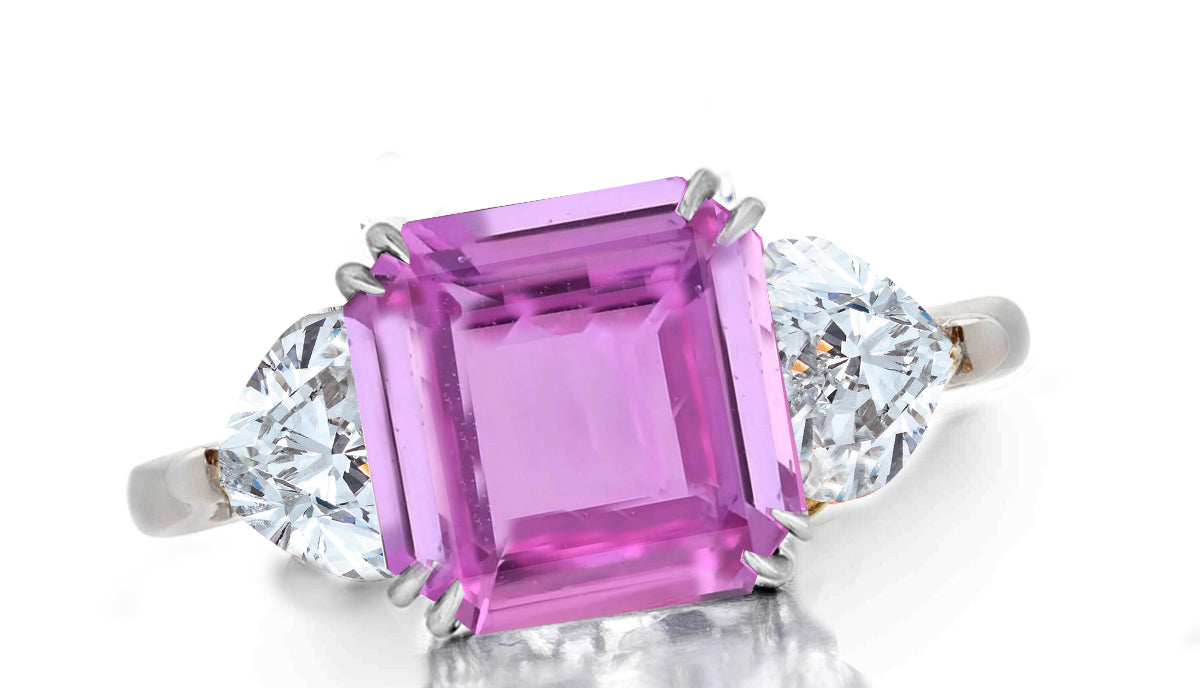 641 custom made unique asscher pink sapphire center stone and heart diamond accent three stone engagement ring