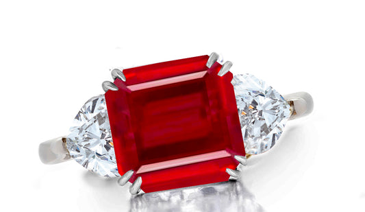 641 custom made unique asscher ruby center stone and heart diamond accent three stone engagement ring