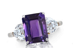 642 custom made unique asscher purple sapphire center stone and heart diamond accent three stone engagement ring