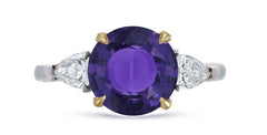 645 custom made unique round purple sapphire center stone and pears diamond accent three stone engagement ring