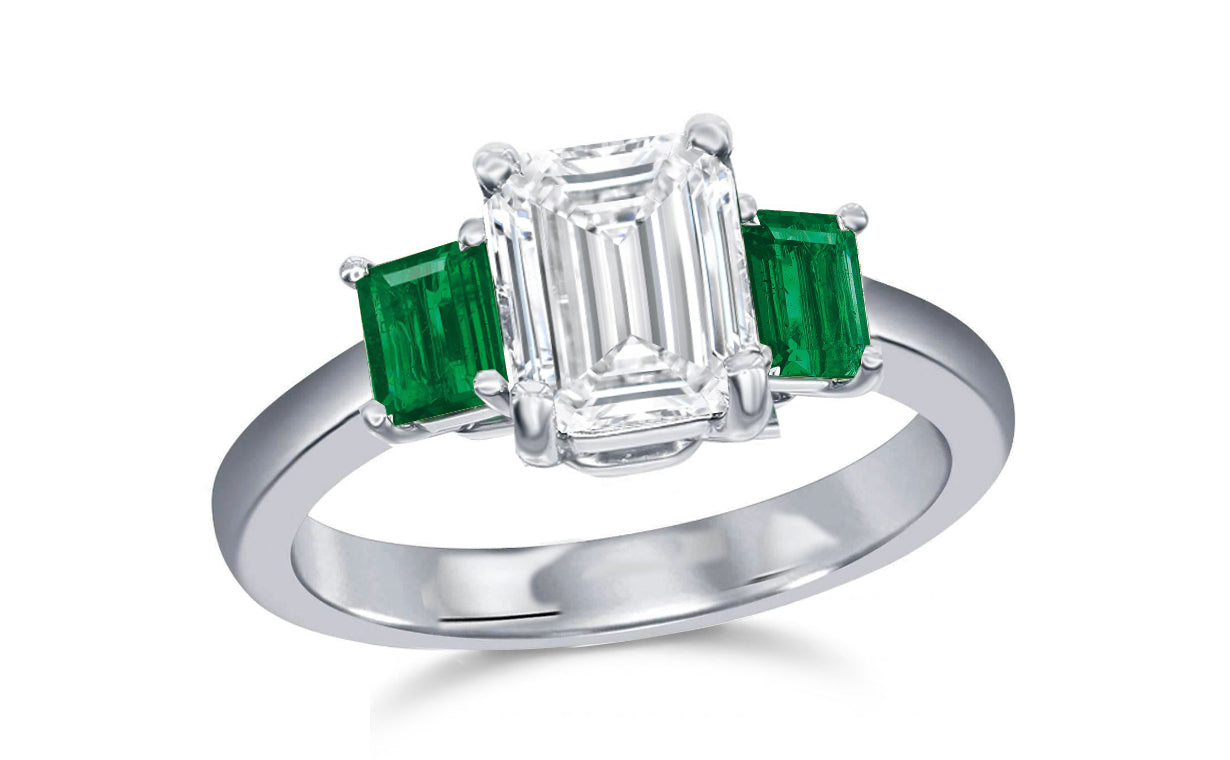 65 custom made unique emerald cut emerald center stone and emerald cut blue sapphire accent three stone engagement ring