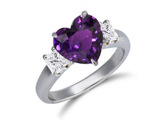 652 custom made unique heart purple sapphire center stone and squae diamond accent three stone engagement ring