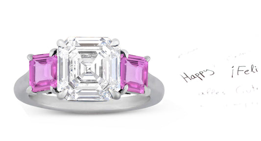 67 custom made unique asscher cut diamond center stone and asscher cut pink sapphire accent three stone engagement ring