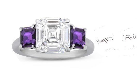 67 custom made unique asscher cut diamond center stone and asscher cut purple sapphire accent three stone engagement ring