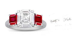 67 custom made unique asscher cut diamond center stone and asscher cut ruby accent three stone engagement ring