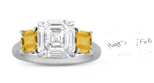 67 custom made unique asscher cut diamond center stone and asscher cut yellow sapphire accent three stone engagement ring