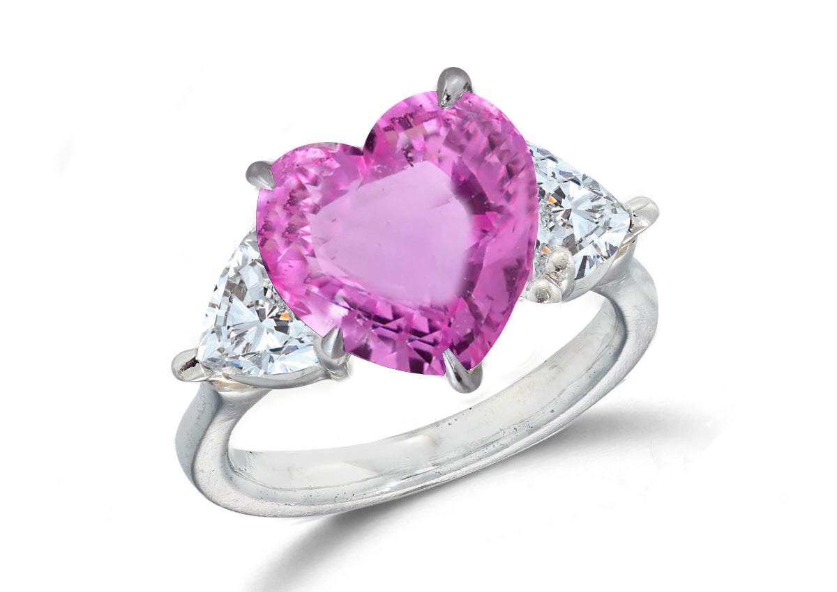 670 custom made unique heart pink sapphire center stone and heart diamond accent three stone engagement ring