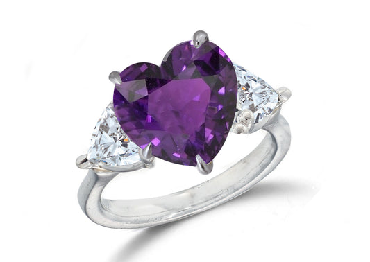 670 custom made unique heart purple sapphire center stone and heart diamond accent three stone engagement ring