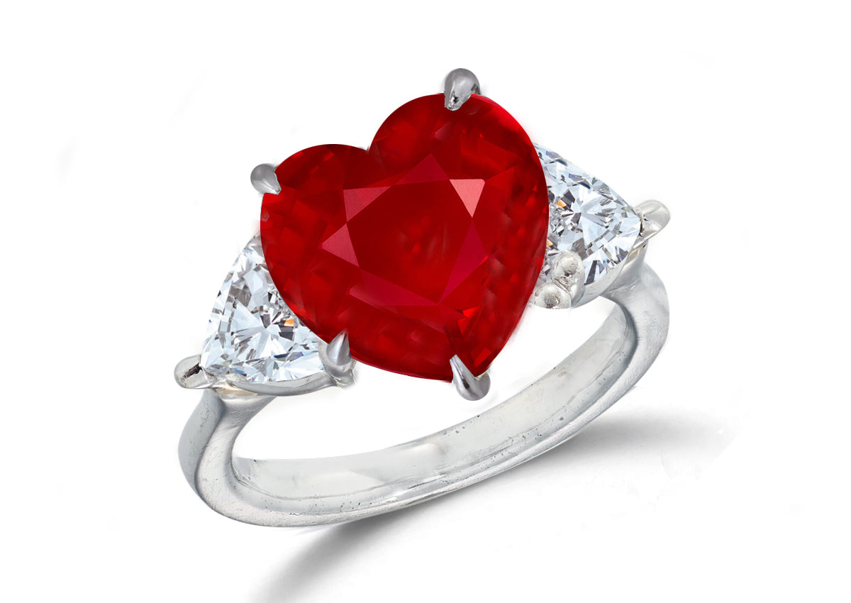 670 custom made unique heart ruby center stone and heart diamond accent three stone engagement ring