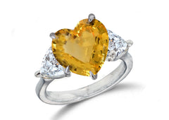 670 custom made unique heart yellow sapphire center stone and heart diamond accent three stone engagement ring