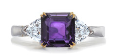 679 custom made unique asscher cut purple sapphire center stone and heart diamond accent three stone engagement ring