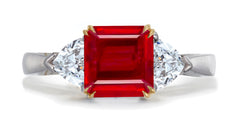 679 custom made unique asscher cut ruby center stone and heart diamond accent three stone engagement ring