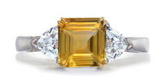 679 custom made unique asscher cut yellow sapphire center stone and heart diamond accent three stone engagement ring