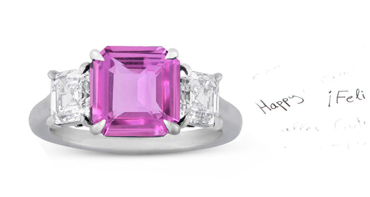 68 custom made unique asscher cut pink sapphire center stone and asscher cut diamond accent three stone engagement ring