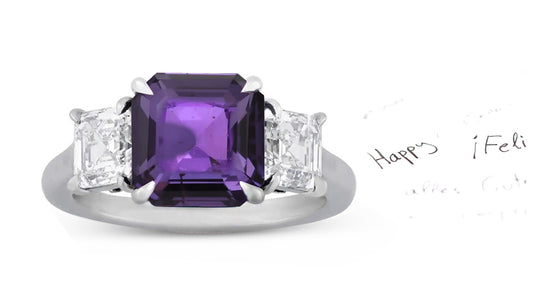 68 custom made unique asscher cut purple sapphire center stone and asscher cut diamond accent three stone engagement ring