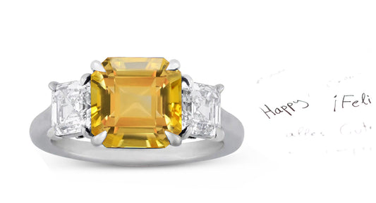 68 custom made unique asscher cut yellow sapphire center stone and asscher cut diamond accent three stone engagement ring