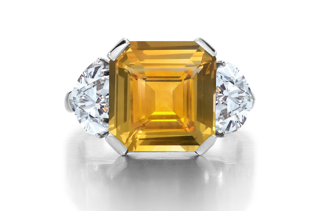 689 custom made unique asscher cut yellow sapphire center stone and heart diamond accent three stone engagement ring