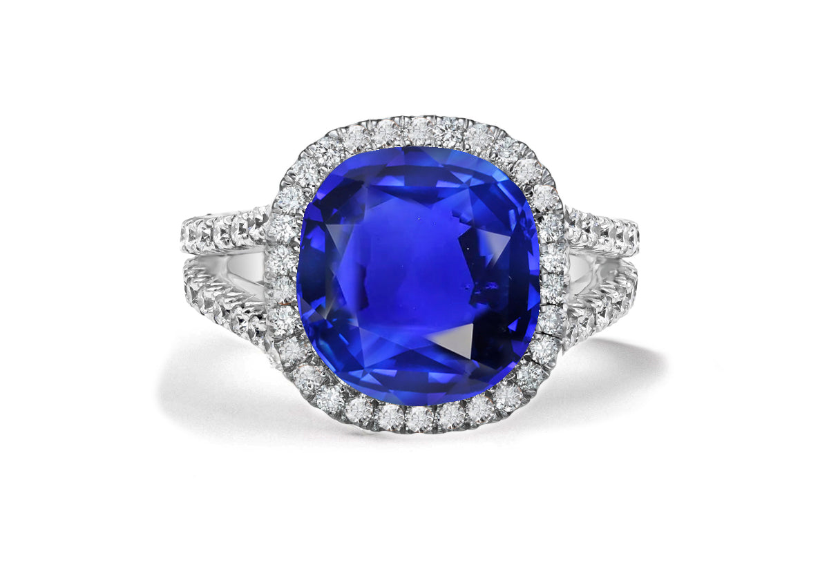 7 custom made blue sapphire and diamond vintage halo engagement rings