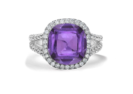 7 custom made purple sapphire and diamond vintage halo engagement rings