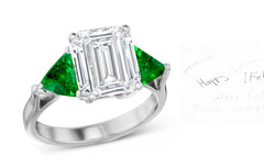 70 custom made unique emerald cut diamond center stone and trillion cut emerald accent three stone engagement ring