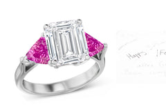 70 custom made unique emerald cut diamond center stone and trillion cut pink sapphire accent three stone engagement ring