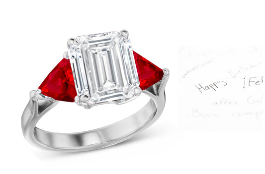 70 custom made unique emerald cut diamond center stone and trillion cut ruby accent three stone engagement ring