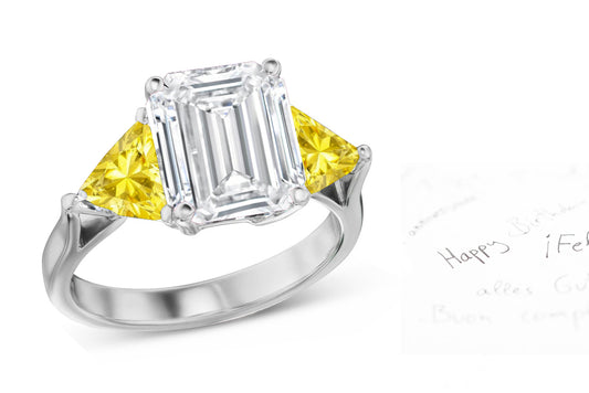 70 custom made unique emerald cut diamond center stone and trillion cut yellow sapphire accent three stone engagement ring