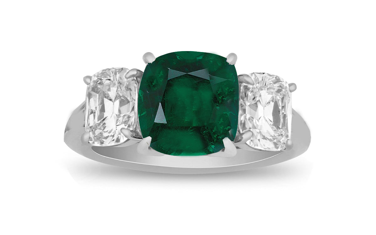 71 custom made unique cushion cut emerald center stone and cushion cut diamond accent three stone engagement ring