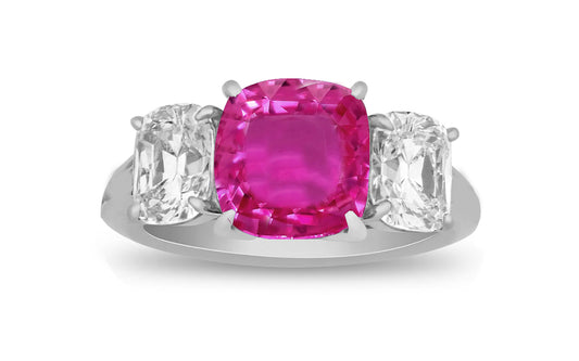 71 custom made unique cushion cut pink sapphire center stone and cushion cut diamond accent three stone engagement ring