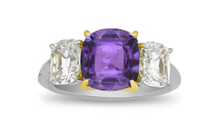 71 custom made unique cushion cut purple sapphire center stone and cushion cut diamond accent three stone engagement ring